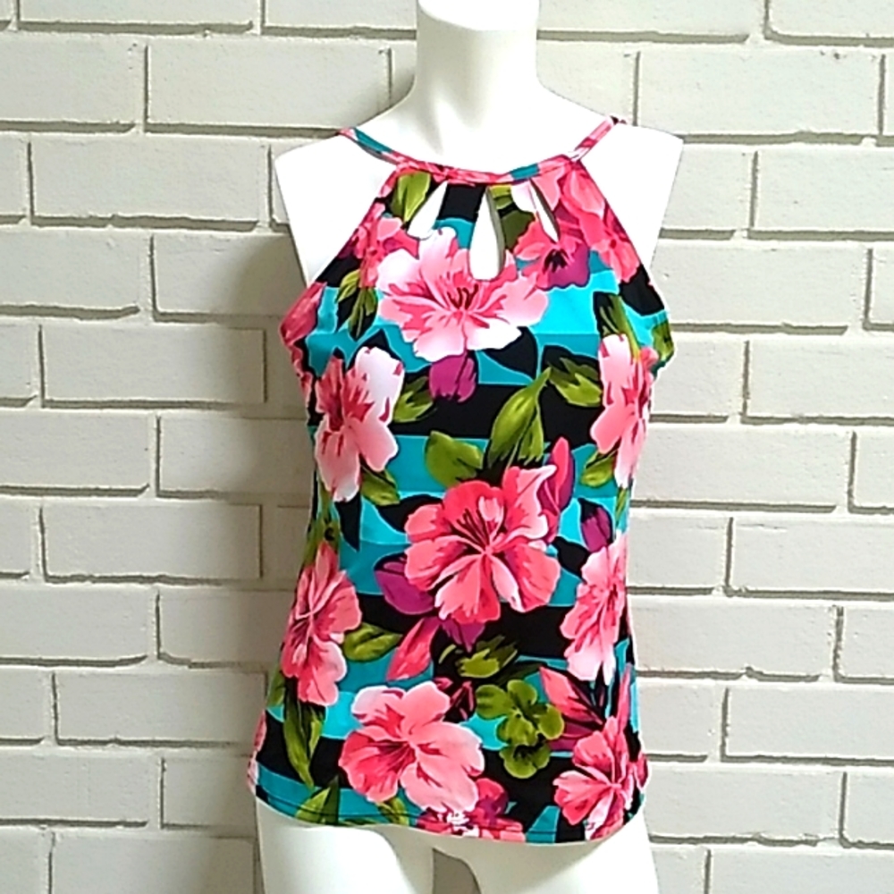 Caribbean Joe Tropical Multicolored Cut Out Detail Tankini Swim Top. Size 16